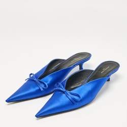Pre Owned Balenciaga Royal Blue Satin Bow Knife Heel Mules Size 38