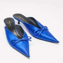 Pre Owned Balenciaga Royal Blue Satin Bow Knife Heel Mules Size 38