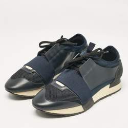 Balenciaga Navy Blue Fabric and Leather Race Runner Lace Up Sneakers Size 39