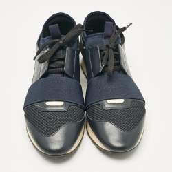Balenciaga Navy Blue Fabric and Leather Race Runner Lace Up Sneakers Size 39