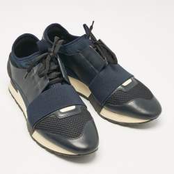 Balenciaga Navy Blue Fabric and Leather Race Runner Lace Up Sneakers Size 39