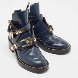 Balenciaga Navy Blue Leather Ceinture Ankle Boots Size 36