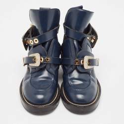 Balenciaga Navy Blue Leather Ceinture Ankle Boots Size 36