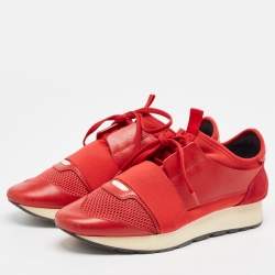 Balenciaga Red Leather  and Suede Race Runner Lace Up Sneakers Size 38
