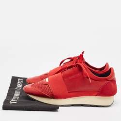 Balenciaga Red Leather  and Suede Race Runner Lace Up Sneakers Size 38