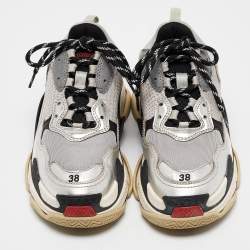 Balenciaga Silver Faux Leather and Mesh Triple S Sneakers Size 38