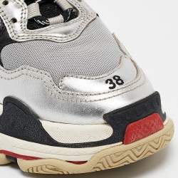 Balenciaga Silver Faux Leather and Mesh Triple S Sneakers Size 38