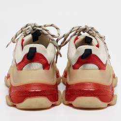 Balenciaga White/Red Leather and Mesh Triple S Clear Sole Sneakers Size 36