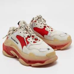 Balenciaga White/Red Leather and Mesh Triple S Clear Sole Sneakers Size 36