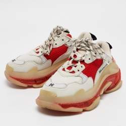 Balenciaga White/Red Leather and Mesh Triple S Clear Sole Sneakers Size 36