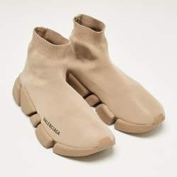 Balenciaga Beige Knit Fabric Speed Trainer Slip On Sneakers Size 39