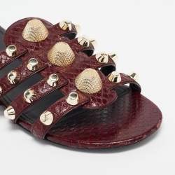 Balenciaga Burgundy Embossed Python Studded Arena Flat Slides Size 38.5