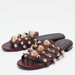 Balenciaga Burgundy Embossed Python Studded Arena Flat Slides Size 38.5