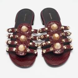 Balenciaga Burgundy Embossed Python Studded Arena Flat Slides Size 38.5