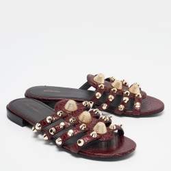 Balenciaga Burgundy Embossed Python Studded Arena Flat Slides Size 38.5