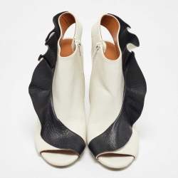 Balenciaga White/Black Leather Ruffle Trim Open Toe Ankle Length Boots Size 40.5