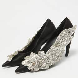 Pre Owned Balenciaga Black Satin Sequins Embellished Talon Slash Pumps Size 38