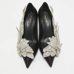 Pre Owned Balenciaga Black Satin Sequins Embellished Talon Slash Pumps Size 38