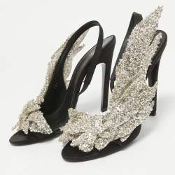Balenciaga Black Satin Sequins Embellished Slingback Sandals Size 38.5
