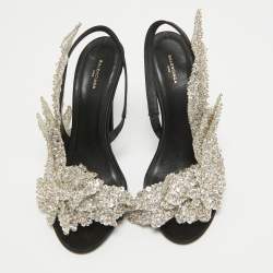 Balenciaga Black Satin Sequins Embellished Slingback Sandals Size 38.5