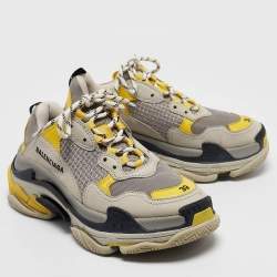 Balenciaga Grey/Yellow  Fabric and Faux Leather Triple S Lace Up Sneakers Size 39