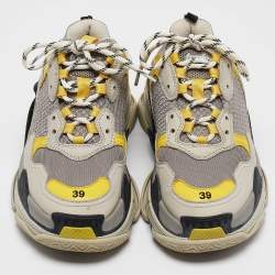 Balenciaga Grey/Yellow  Fabric and Faux Leather Triple S Lace Up Sneakers Size 39