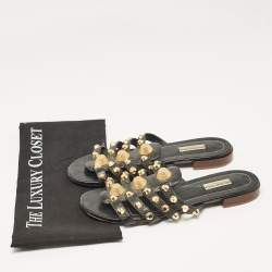 Balenciaga Black Leather Studded Arena Flat Slides Size 39