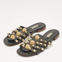 Balenciaga Black Leather Studded Arena Flat Slides Size 39
