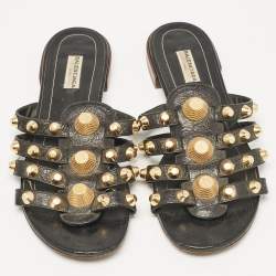Balenciaga Black Leather Studded Arena Flat Slides Size 39