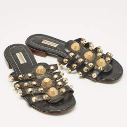 Balenciaga Black Leather Studded Arena Flat Slides Size 39