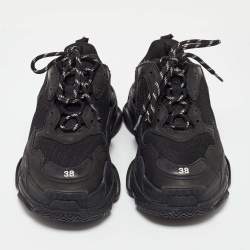 Pre Owned Balenciaga Black Leather and Mesh Triple S Sneakers Size 38