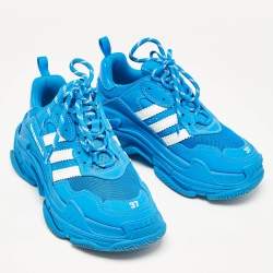 Pre Owned Balenciaga x Adidas Blue/White Faux Leather and Mesh Triple S Sneakers Size 37