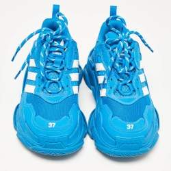 Pre Owned Balenciaga x Adidas Blue/White Faux Leather and Mesh Triple S Sneakers Size 37