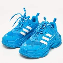 Pre Owned Balenciaga x Adidas Blue/White Faux Leather and Mesh Triple S Sneakers Size 37