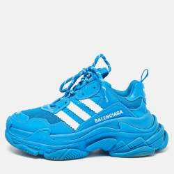 Pre Owned Balenciaga x Adidas Blue/White Faux Leather and Mesh Triple S Sneakers Size 37