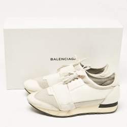 Balenciaga White/Silver Leather and Knit Fabric Race Runner Sneakers Size 39