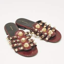 Balenciaga Burgundy Embossed Python Arena Flat Slides Size 37
