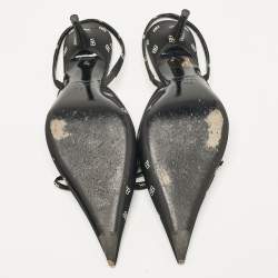 Pre Owned Balenciaga Black BB Print Satin Bow Knife Slingback Pumps Size 39.5