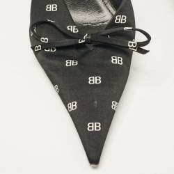 Pre Owned Balenciaga Black BB Print Satin Bow Knife Slingback Pumps Size 39.5