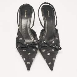 Pre Owned Balenciaga Black BB Print Satin Bow Knife Slingback Pumps Size 39.5