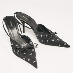 Pre Owned Balenciaga Black BB Print Satin Bow Knife Slingback Pumps Size 39.5