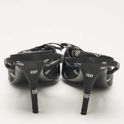 Pre Owned Balenciaga Black BB Print Satin Bow Knife Slingback Pumps Size 39.5