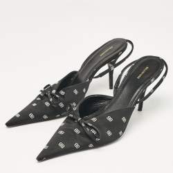 Pre Owned Balenciaga Black BB Print Satin Bow Knife Slingback Pumps Size 39.5