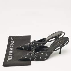 Pre Owned Balenciaga Black BB Print Satin Bow Knife Slingback Pumps Size 39.5