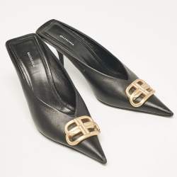 Balenciaga Black Leather Logo Knife Pointed Toe Mules Size 38