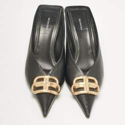 Balenciaga Black Leather Logo Knife Pointed Toe Mules Size 38