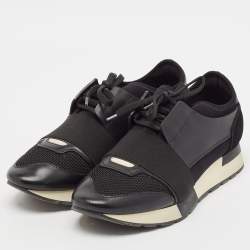 Pre Owned Balenciaga Black Leather and Mesh Race Runner Sneakers Size 38