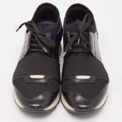 Pre Owned Balenciaga Black Leather and Mesh Race Runner Sneakers Size 38