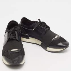 Pre Owned Balenciaga Black Leather and Mesh Race Runner Sneakers Size 38