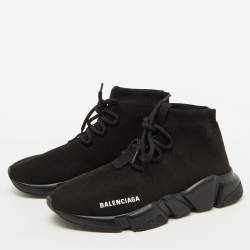 Balenciaga Black Knit Fabric Speed Trainer Lace Up Sneakers Size 38